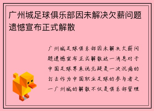 广州城足球俱乐部因未解决欠薪问题遗憾宣布正式解散 广州城足球俱乐部因未解决欠薪问题遗憾宣布正式解散